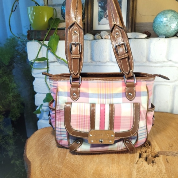 Chaps Bright Bay Pink Plaid Handbag - Picture 14 of 15
